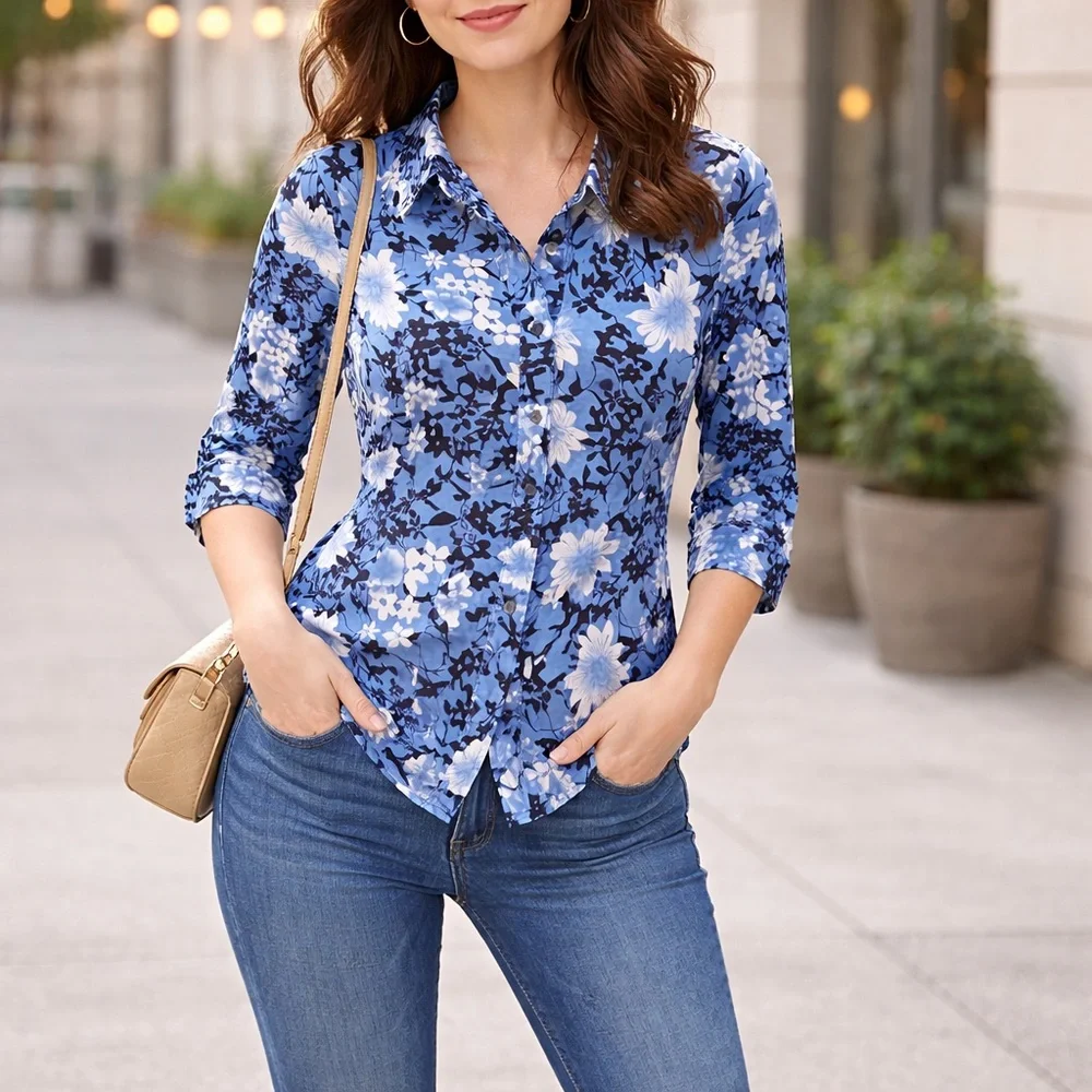 Covington Blue Floral Button Down Blouse L 3/4 Sleeve Stretch Career Top - Picture 2 of 9